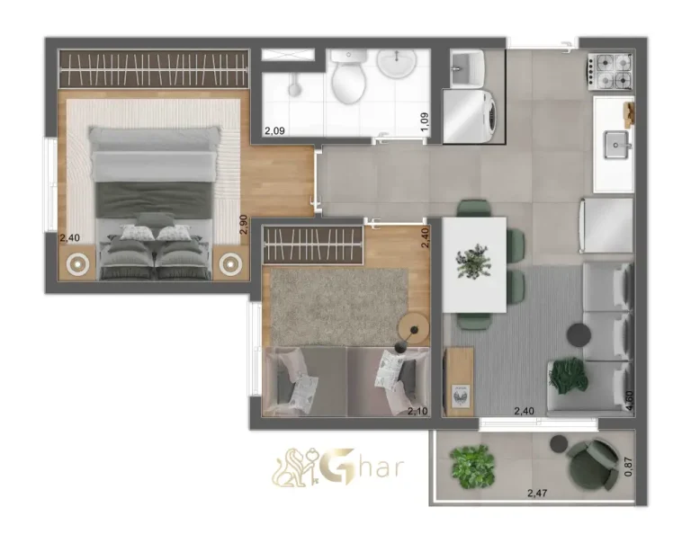 Planta de apartamento 2 dormitórios do Mundo Park Alvorada no Campo Grande