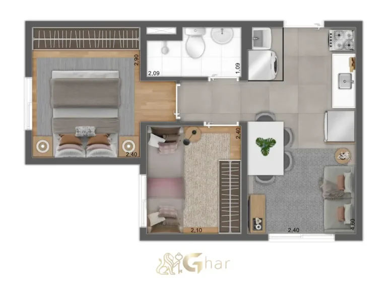 Outra opção de planta de apartamento 2 dormitórios do Mundo Park Alvorada