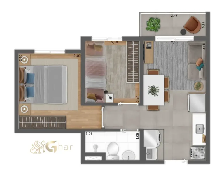 Nova planta de apartamento 2 dormitórios do Mundo Park Alvorada no Campo Grande