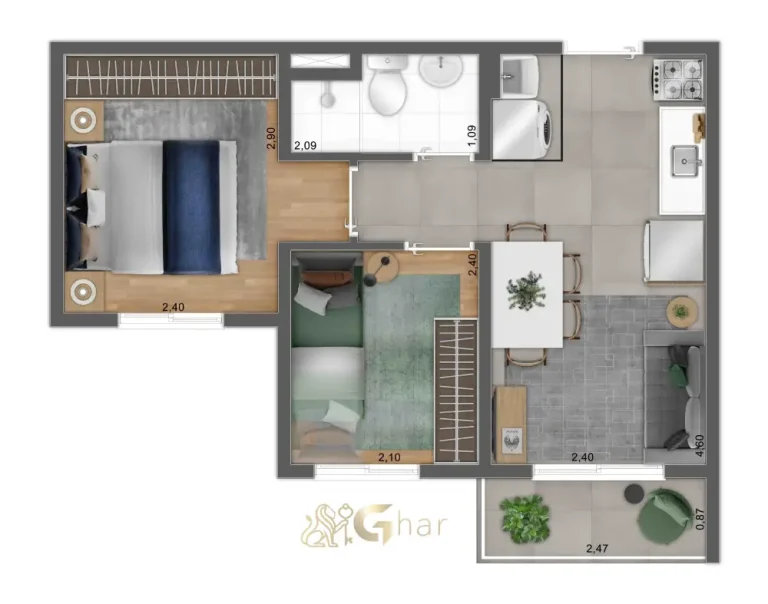 Planta de apartamento 2 dormitórios com variação de layout no Mundo Park Alvorada