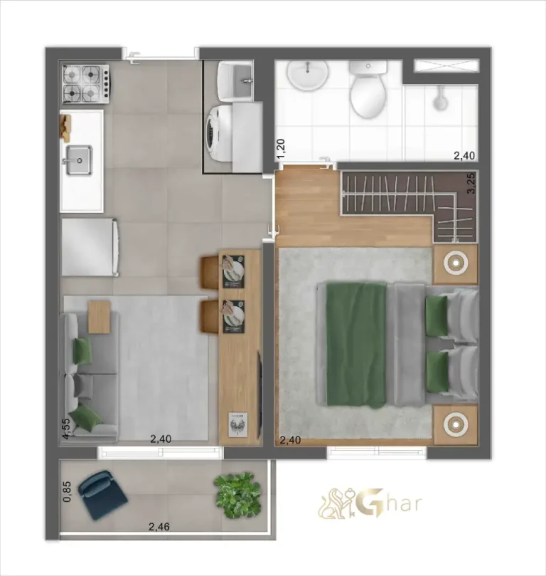 Planta de apartamento 1 dormitório no Mundo Park Aurora Campo Grande SP