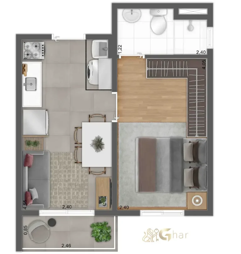 Planta de apartamento 1 dormitório final 03 no Mundo Park Aurora Zona Sul de São Paulo