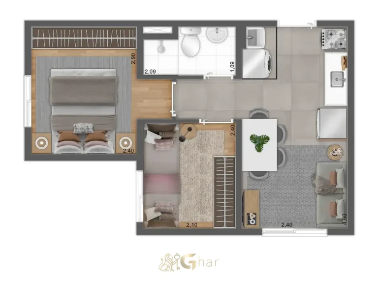 Planta de apartamento 2 dormitórios no Mundo Park Aurora Zona Sul de São Paulo