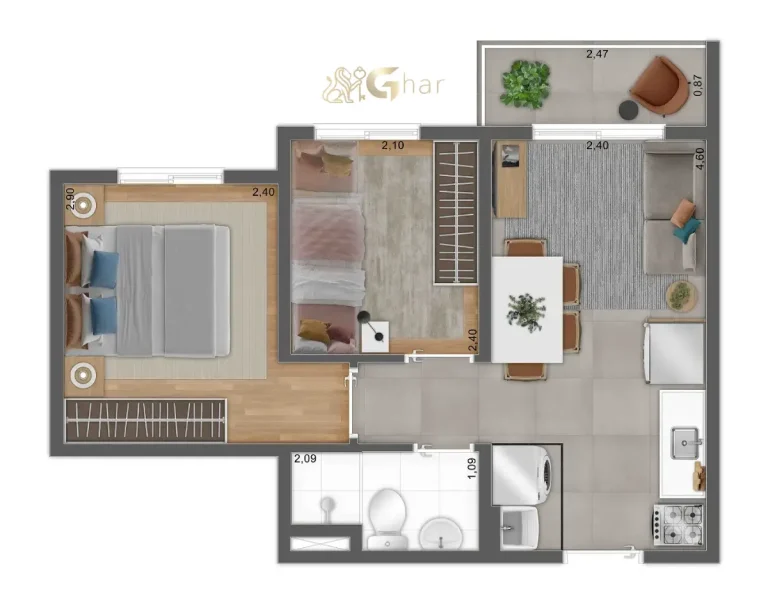 Planta de apartamento 2 dormitórios no Mundo Park Aurora Campo Grande