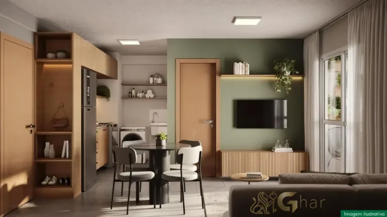 Apartamento decorado do Nascente do Jequitibá com sala de estar, TV, jantar e cozinha integradas