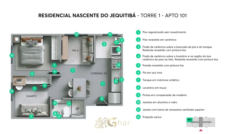 Planta do apartamento torre 01 apto 101 do Nascente do Jequitibá em Pirituba