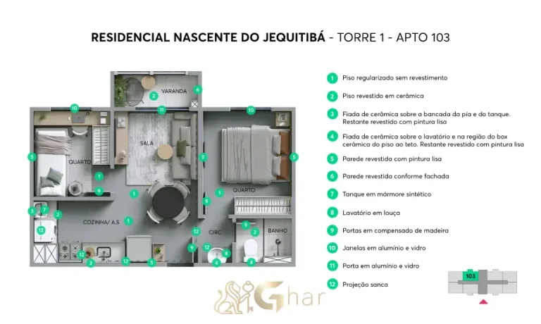 Planta do apartamento torre 01 apto 103 do Nascente do Jequitibá em Pirituba