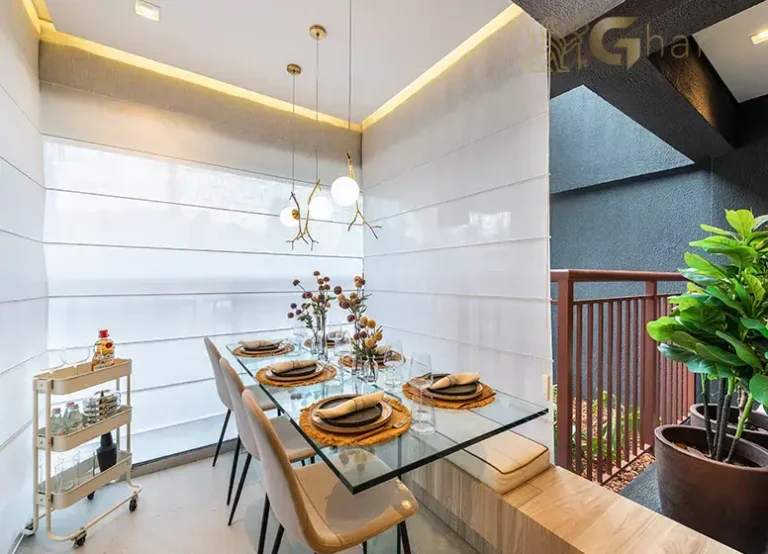 Sala de jantar com terraço no apartamento decorado do Oriz by Plano&Plano