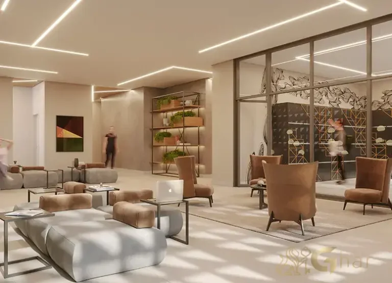 Lobby com espaço delivery no condomínio Oriz by Plano&Plano Campo Belo