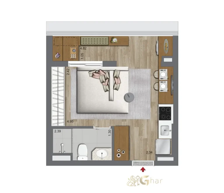 Planta de apartamento 1 dormitório 28,04 m² no Oriz by Plano&Plano