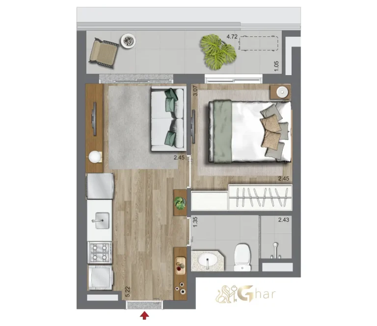 Planta de apartamento 1 dormitório 33,95 m² no Oriz by Plano&Plano
