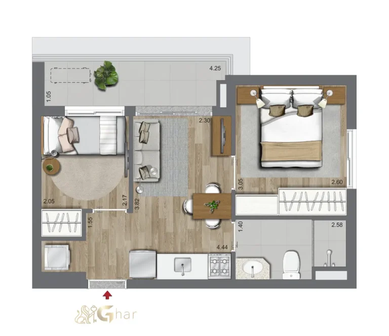 Planta do apartamento de 1 dormitório do Oriz by Plano&Plano, com 33,95 m², ambientes integrados e maior sensação de amplitude, ideal para quem busca conforto e funcionalidade no Campo Belo.