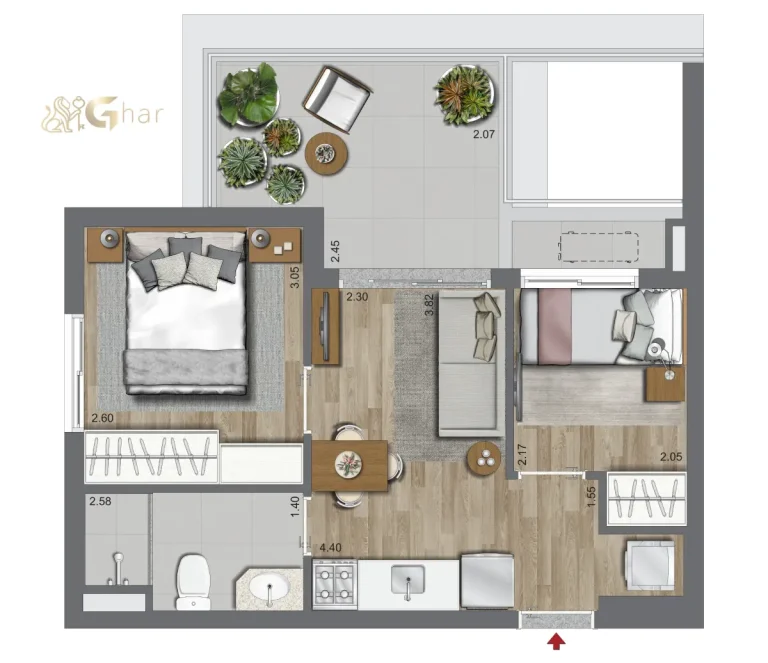 Planta de apartamento 2 dormitórios 41,85 m² no Oriz by Plano&Plano