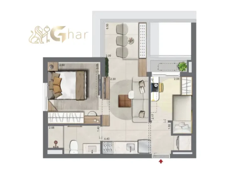 Planta de apartamento 2 dormitórios 42 m² no Oriz by Plano&Plano
