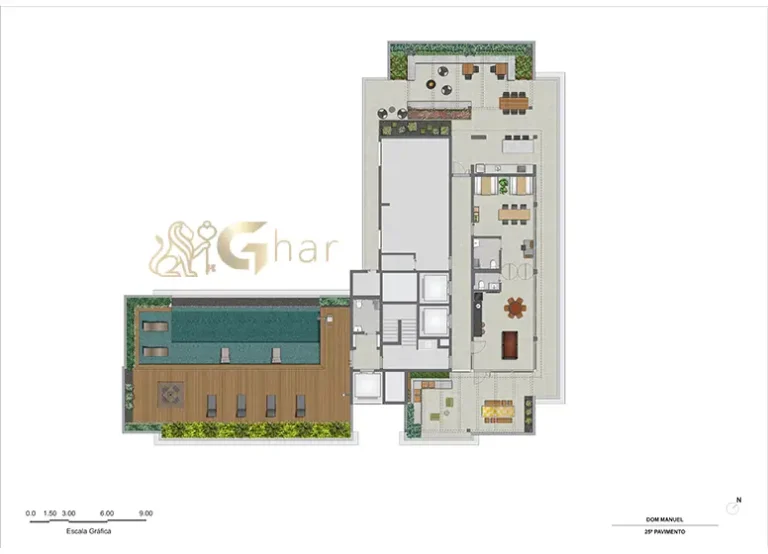 Planta de implantação do rooftop com lazer do Oriz by Plano&Plano
