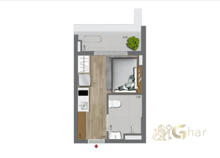 Planta studio 22,10 m² no Oriz by Plano&Plano Campo Belo