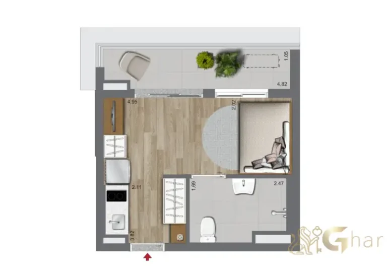 Planta studio 28,37 m² no Oriz by Plano&Plano Campo Belo