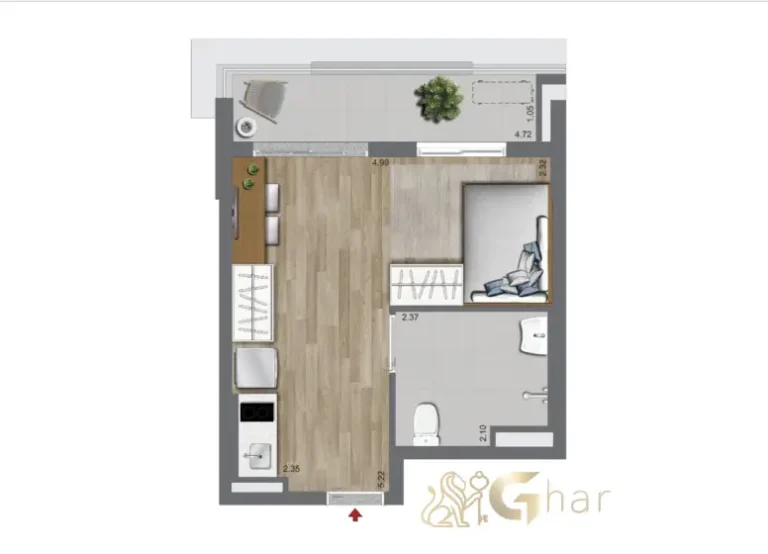 Planta studio 33,85 m² no Oriz by Plano&Plano Campo Belo