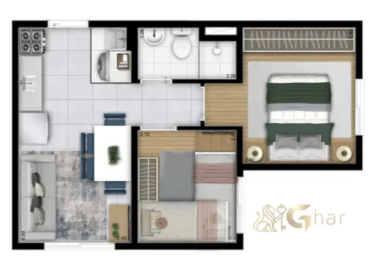 Planta Do Apartamento 2 Dormitórios 32,37m² Plano&Alto Cantareira Jaraguá