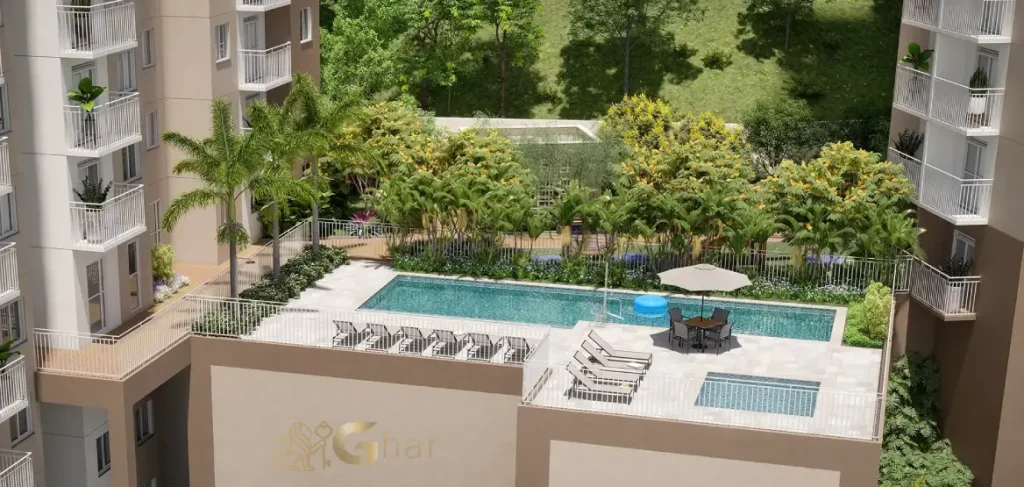 Piscina com solarium do condomínio Plano&Alto Morumbi na Vila Andrade