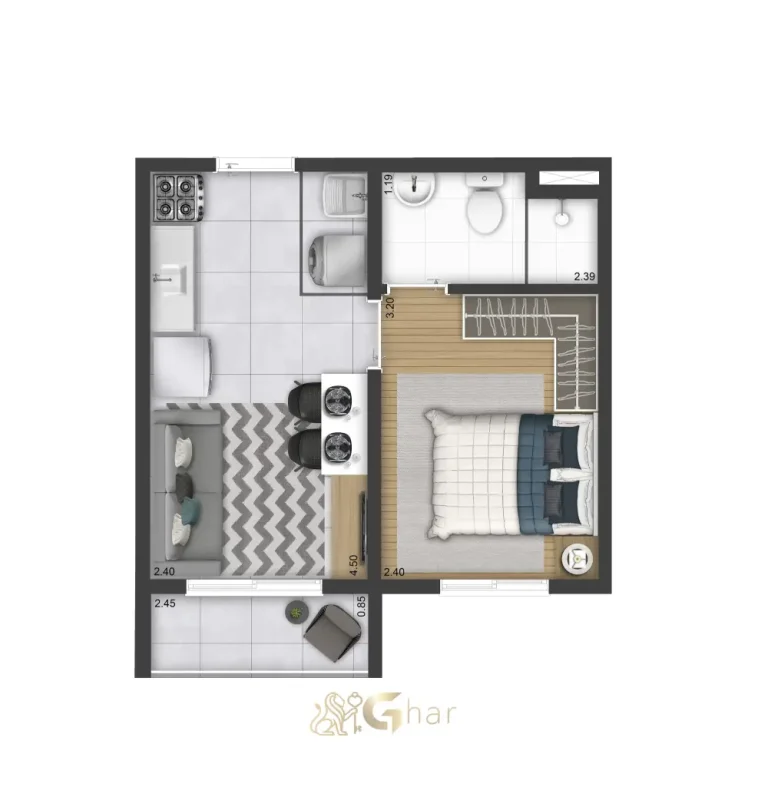 Planta de apartamento 1 dormitório 26,75 m² no Plano&Alto Morumbi