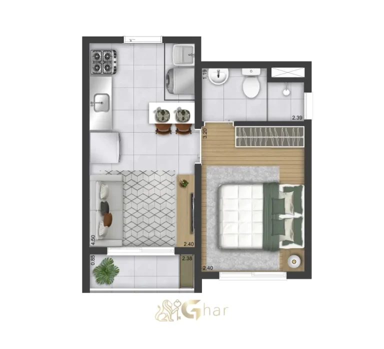 Planta de apartamento 1 dormitório 27,08 m² no Plano&Alto Morumbi