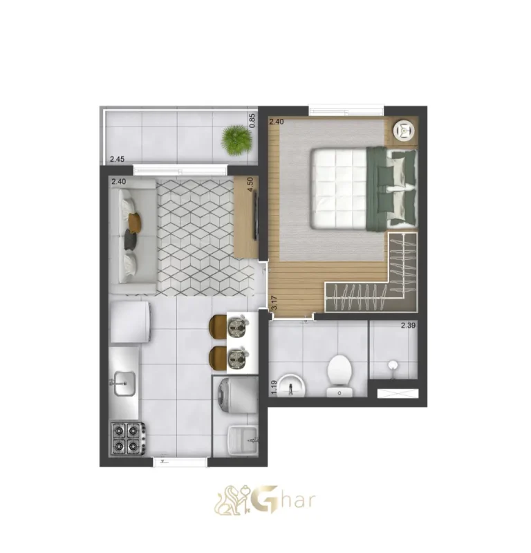 Planta de apartamento 1 dormitório 27,28 m² no Plano&Alto Morumbi