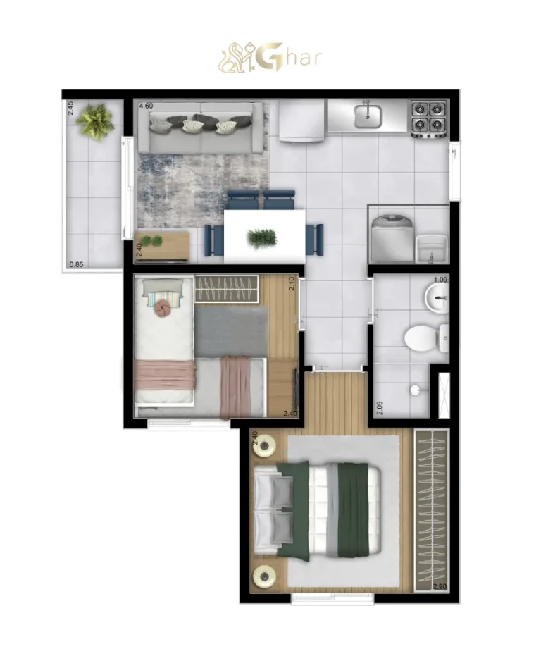 Planta de apartamento 2 dormitórios 34,21 m² no Plano&Alto Morumbi na Vila Andrade