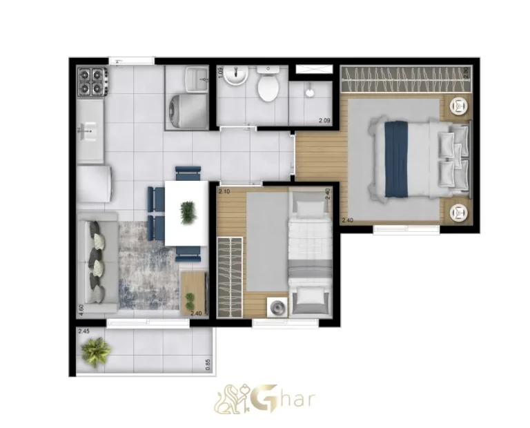 Planta de apartamento 2 dormitórios 34,24 m² no Plano&Alto Morumbi