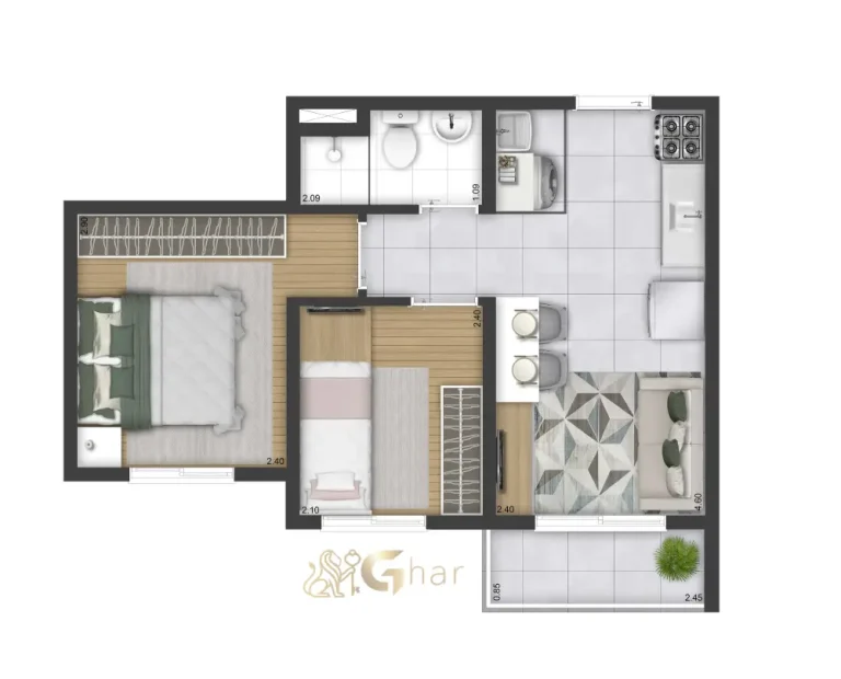 Planta de apartamento 2 dormitórios 34,73 m² no Plano&Alto Morumbi