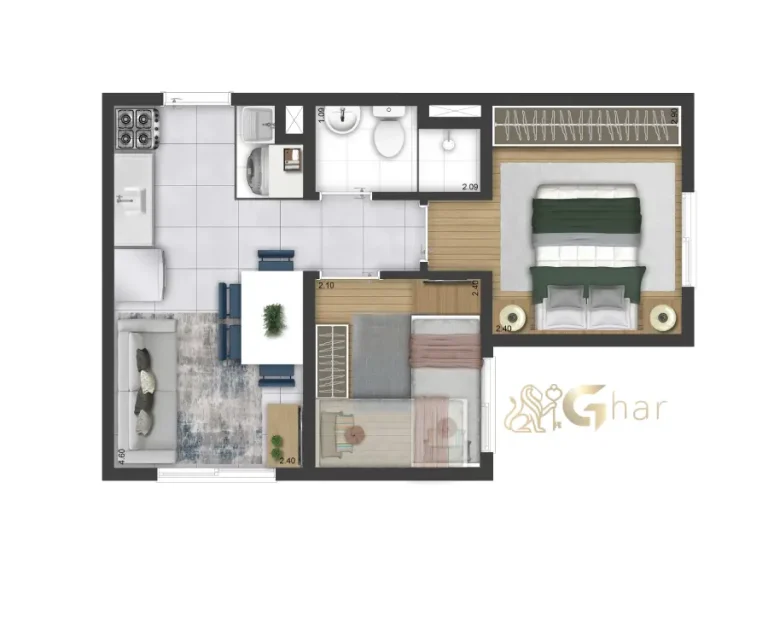 Planta apartamento 2 dormitórios 32,32m² Plano&Bosque do Carmo Parque do Carmo