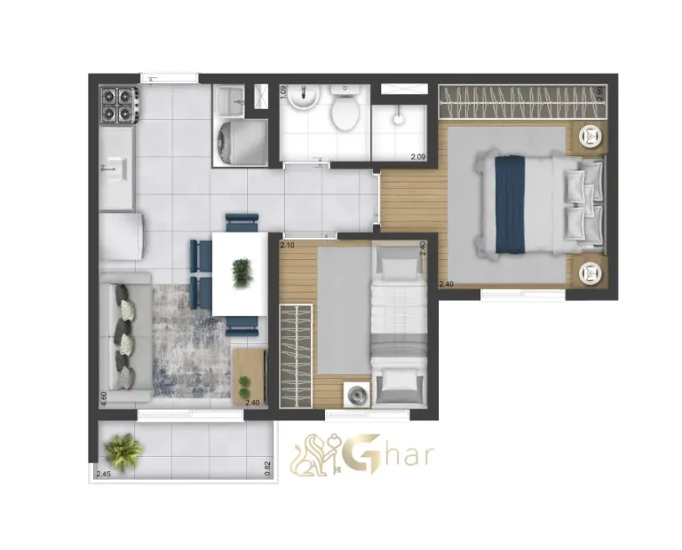Planta apartamento 2 dormitórios 34,77m² Plano&Bosque do Carmo Parque do Carmo