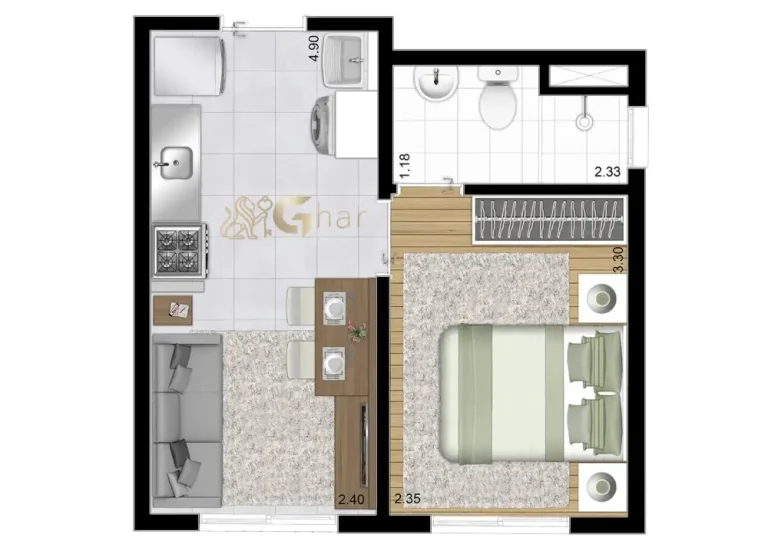 Planta De Apartamento 1 Dormitório 25,64m² – Plano&Estação Giovanni Gronchi Morumbi