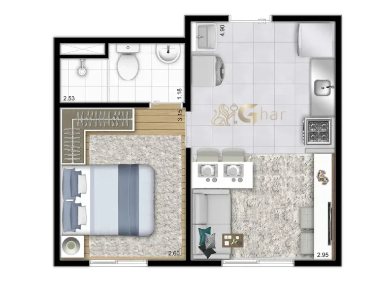 Planta De Apartamento 1 Dormitório 29,63m² – Plano&Estação Giovanni Gronchi