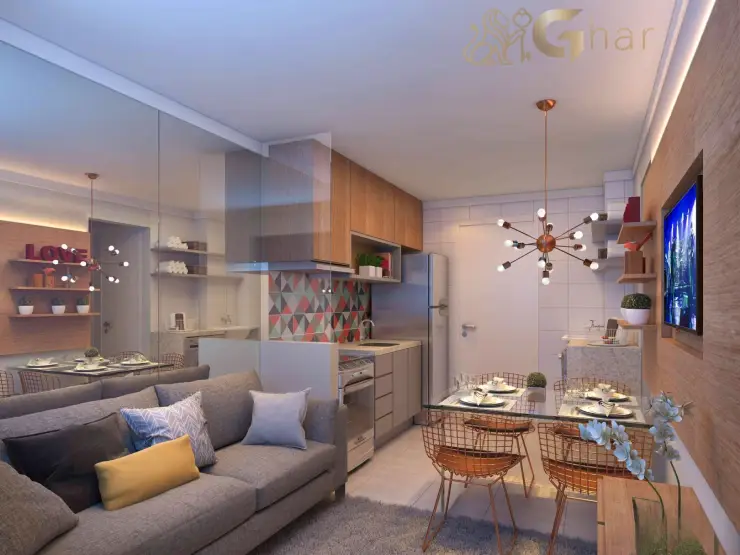 Apartamento decorado sala de estar e jantar do Plano&Estação Santo Amaro no Socorro