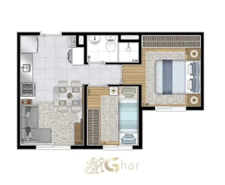 Planta apartamento 2 dormitórios 32,18m² finais 4 e 9 no Plano&Estação Santo Amaro Socorro