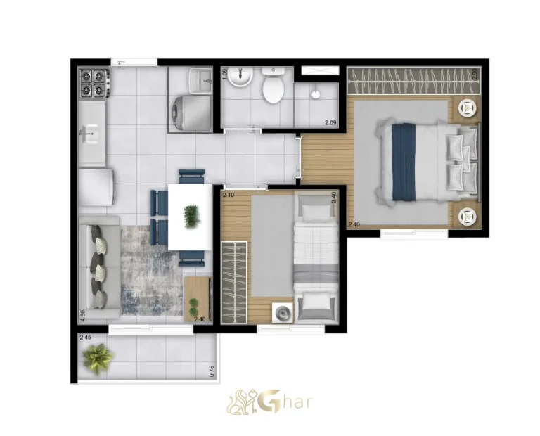 Planta De Apartamento 2 Dormitórios 35,37 m² No Plano&Jaçanã