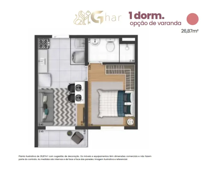 Planta de apartamento 1 dormitório com varanda de 26,87 m² no Plano&Mais Interlagos Reserva