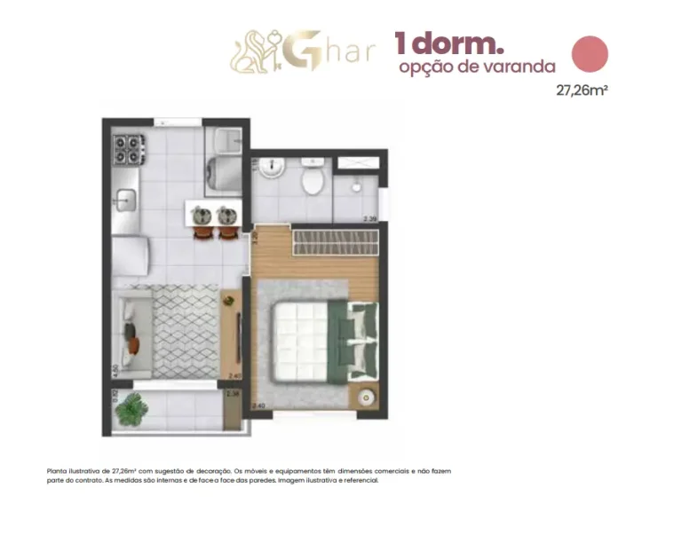 Planta de apartamento 1 dormitório com varanda de 27,26 m² no Plano&Mais Interlagos Reserva