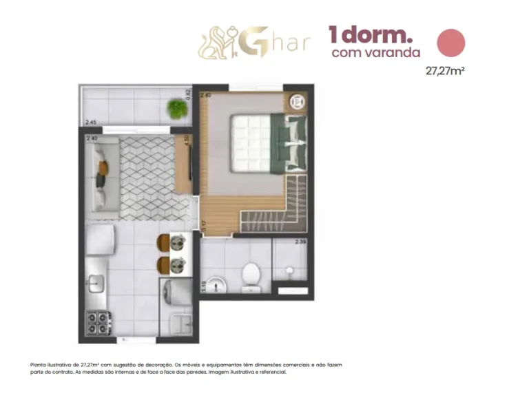 Planta de apartamento 1 dormitório com varanda de 27,27 m² no Plano&Mais Interlagos Reserva