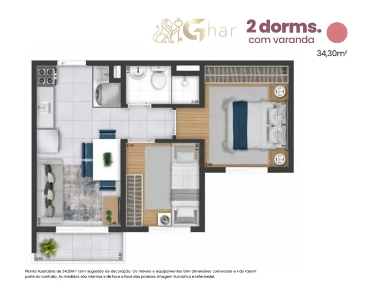 Planta de apartamento 2 dormitórios com varanda de 34,30 m² no Plano&Mais Interlagos Reserva