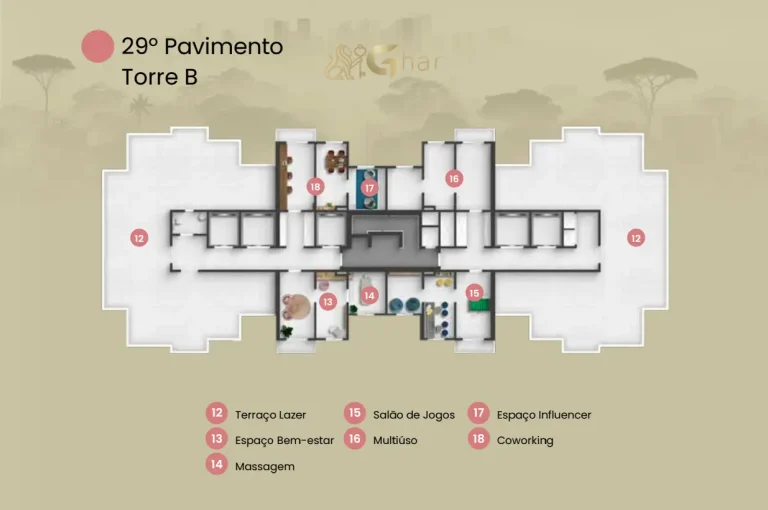 Planta de implantação do 29º pavimento com lazer do Plano&Mais Interlagos Reserva