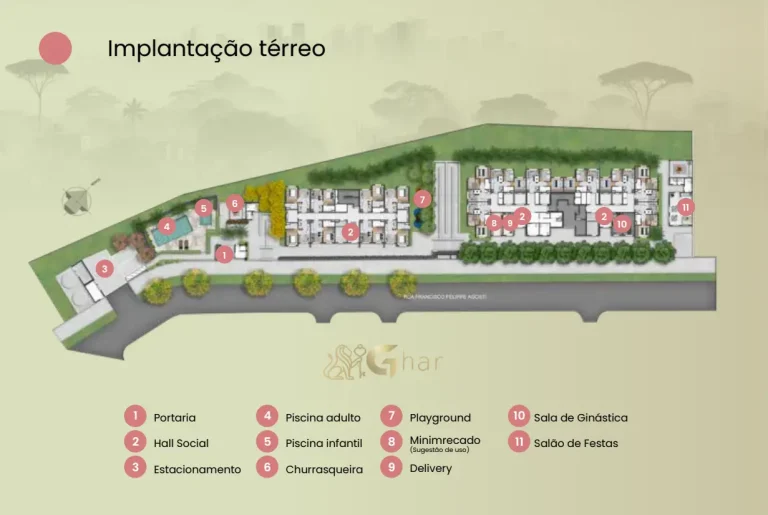 Planta de implantação do térreo com lazer do Plano&Mais Interlagos Reserva