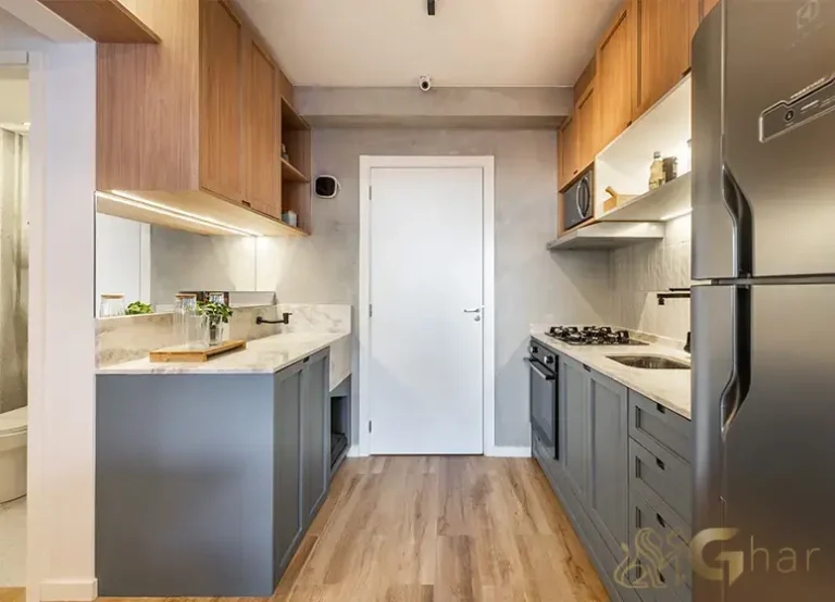 Cozinha com área de serviço do apartamento decorado do Plano&Mais Morumbi