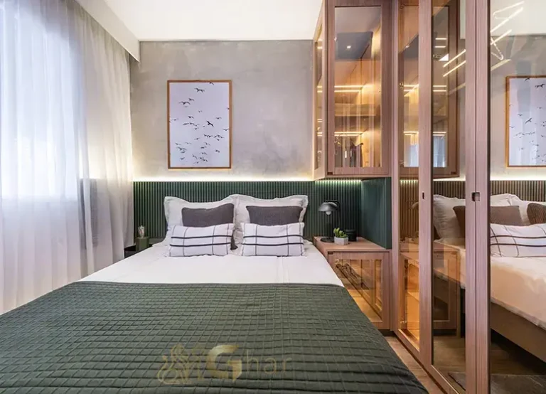 Segundo ângulo do quarto de casal do apartamento decorado do Plano&Mais Morumbi