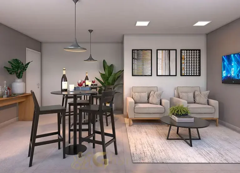 Rooftop bar lounge do condomínio Plano&Mais Morumbi com espaço de convivência