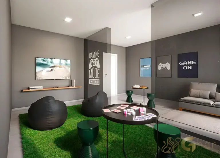 Salão de jogos do condomínio Plano&Mais Morumbi com espaço de entretenimento