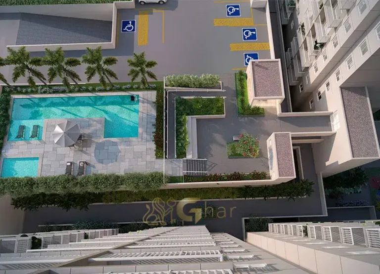 Vista aérea das áreas de lazer e piscinas do condomínio Plano&Mais Morumbi