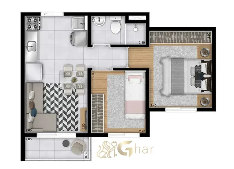 Planta do apartamento de 2 dormitórios do Plano&Mais Morumbi com 34,98 m²