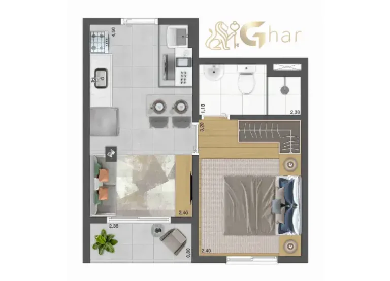 Planta do apartamento de 1 dormitório com 26,84 m² no Plano&Nova Espraiada Campo Belo
